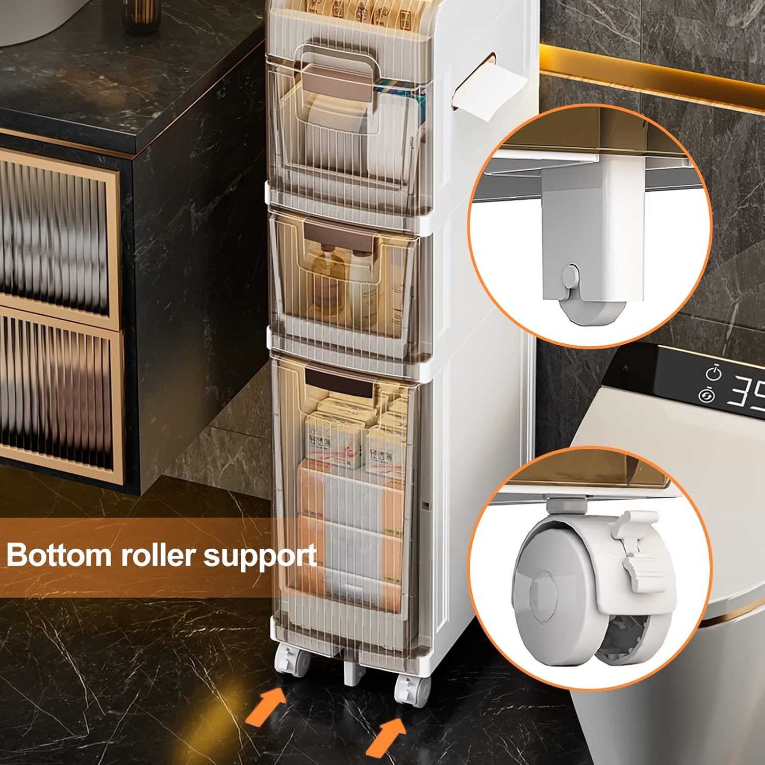 プラスチック製バスルーム収納キャビネット、 引き出しが開く、細長い